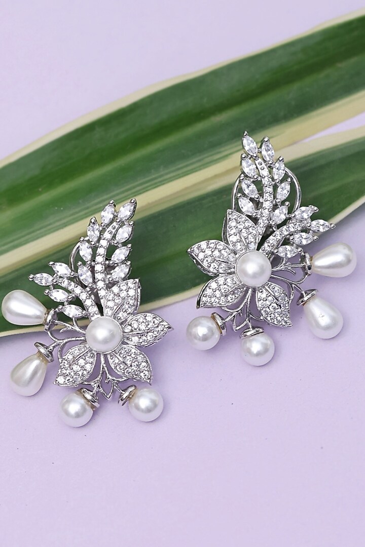 Silver Finish Pearl & Cubic Zirconia Handcrafted Earrings by KRAFTSMITHS at Pernia's Pop Up Shop
