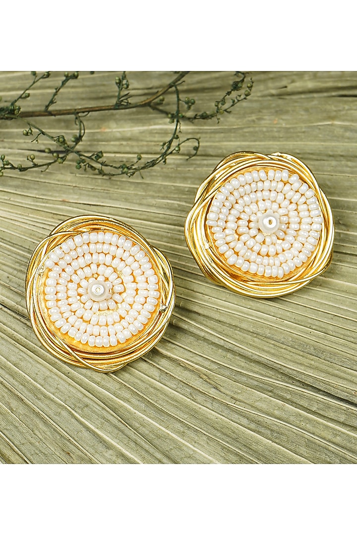Gold Finish Pearl Handcrafted Stud Earrings by KRAFTSMITHS at Pernia's Pop Up Shop