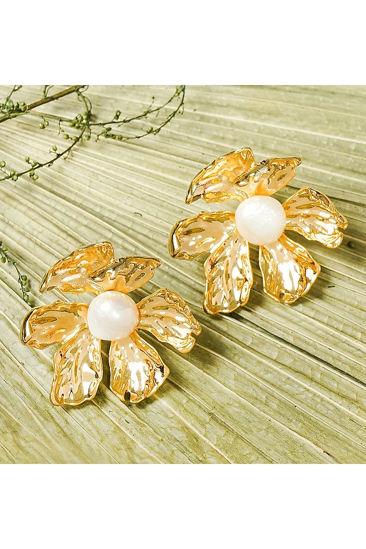 Gold Finish Pearl Stud Earrings by KRAFTSMITHS at Pernia's Pop Up Shop