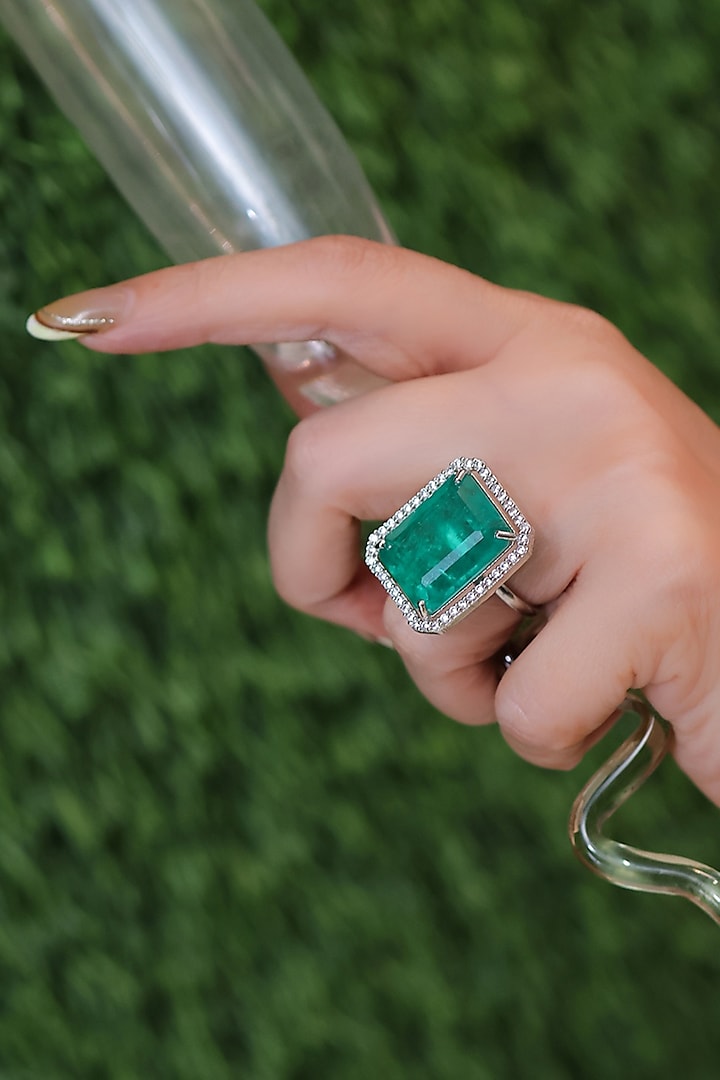 Silver Finish American Diamond & Emerald Stone Ring by KRAFTSMITHS at Pernia's Pop Up Shop