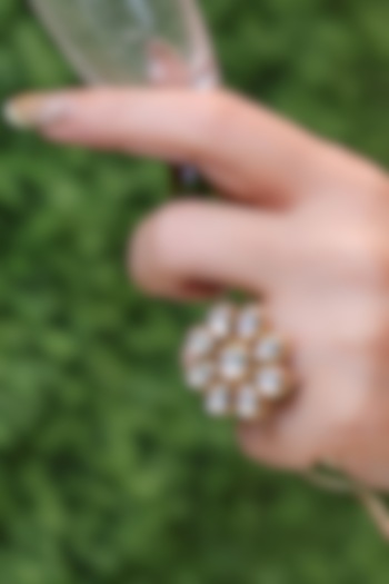 Gold Finish Kundan Polki Floral Adjustable Ring by KRAFTSMITHS at Pernia's Pop Up Shop