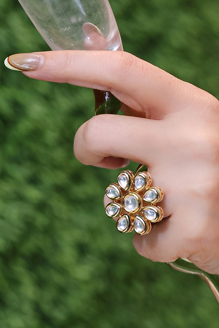 Gold Finish Kundan Polki Floral Adjustable Ring by KRAFTSMITHS at Pernia's Pop Up Shop
