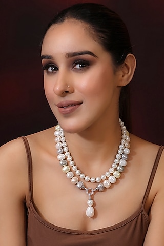 White Finish Pearl Handcrafted Layered Necklace by KRAFTSMITHS