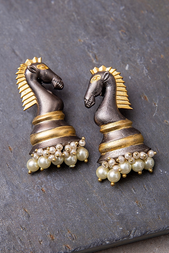 Black & Gold Finish Handcrafted Horse Stud Earrings by KRAFTSMITHS