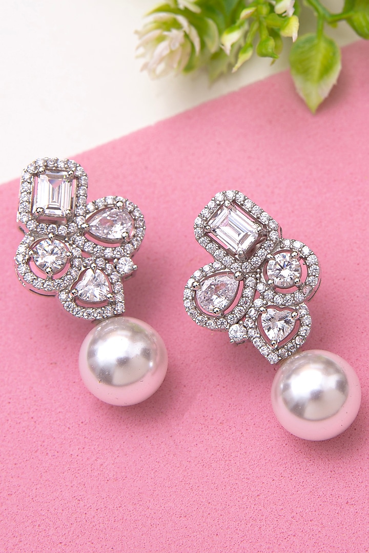 Silver Finish CZ & Pearl Drop Earrings by KRAFTSMITHS at Pernia's Pop Up Shop