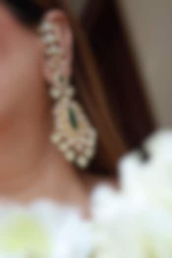 Gold Finish Kundan & Green Stone Chandbali Earrings by KRAFTSMITHS