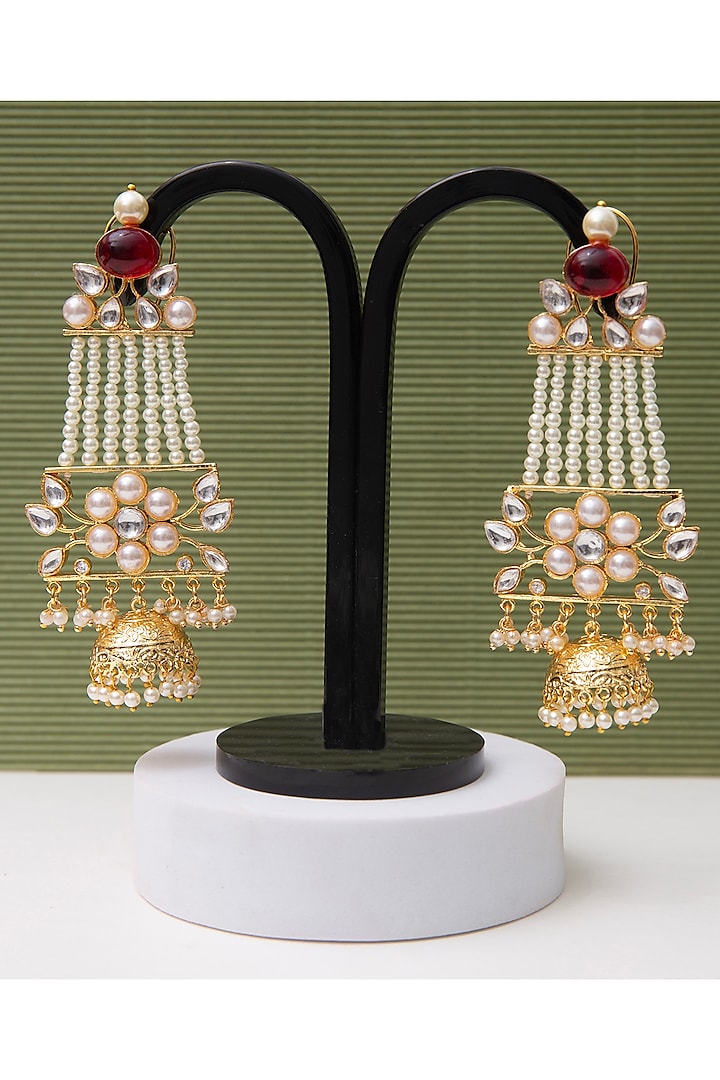 Gold Finish Pearl Dangler Earrings by KRAFTSMITHS