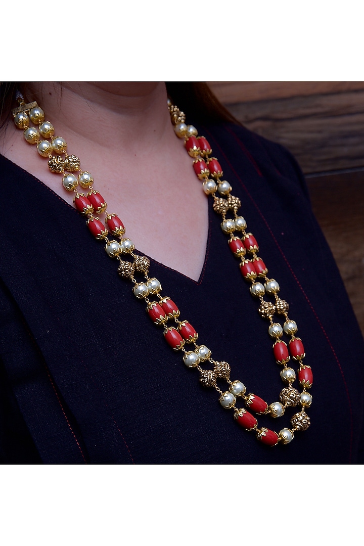 Red & Gold Beaded Necklace by KRAFTSMITHS at Pernia's Pop Up Shop