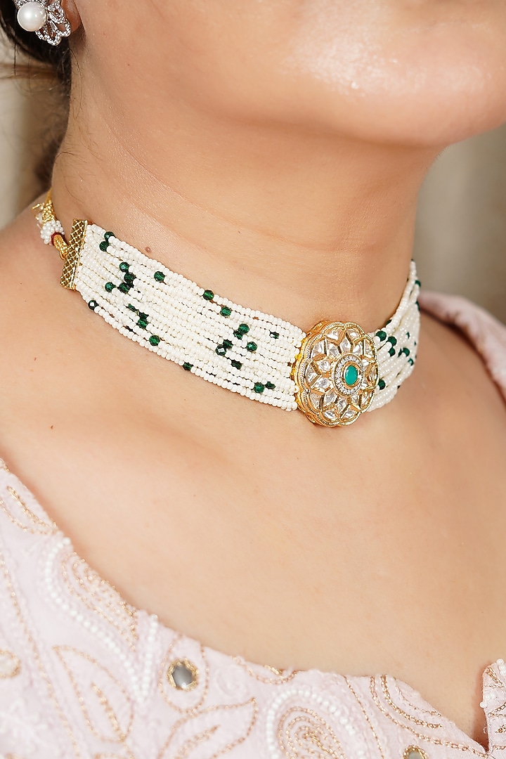 Gold Finish Green Kundan Polki Handmade Choker Necklace by KRAFTSMITHS at Pernia's Pop Up Shop