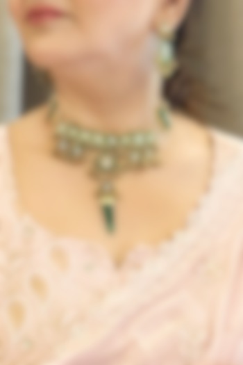 Gold Finish Green Kundan Polki Handmade Choker Necklace Set by KRAFTSMITHS at Pernia's Pop Up Shop