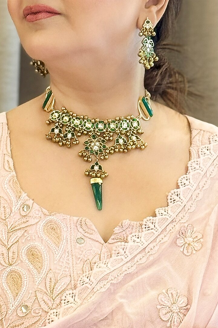 Gold Finish Green Kundan Polki Handmade Choker Necklace Set by KRAFTSMITHS at Pernia's Pop Up Shop