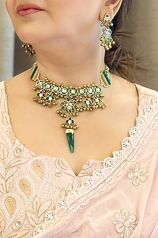 Gold Finish Green Kundan Polki Handmade Choker Necklace Set by KRAFTSMITHS