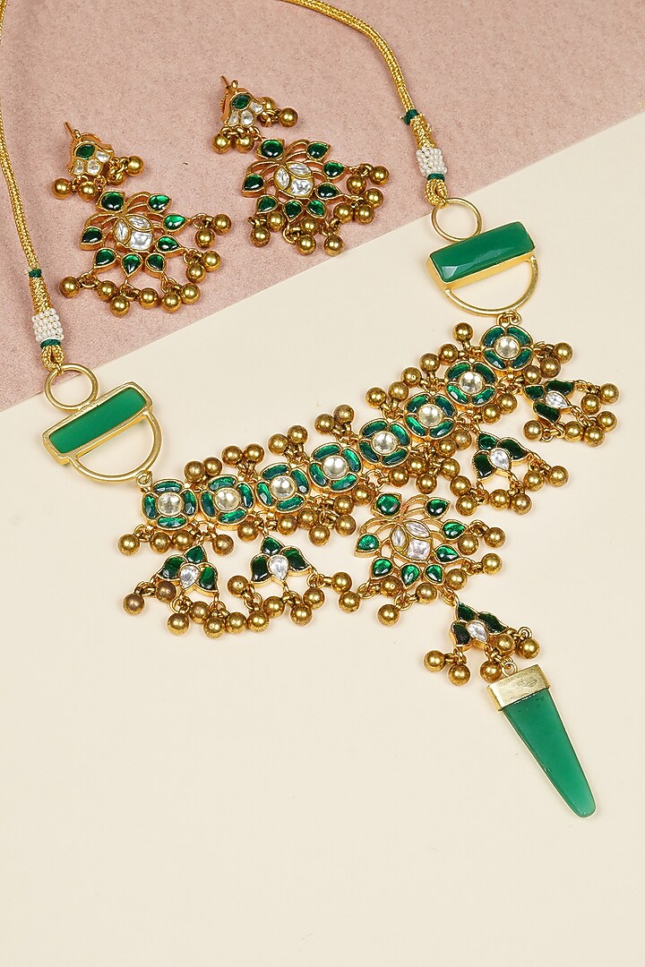 Gold Finish Green Kundan Polki Handmade Choker Necklace Set by KRAFTSMITHS at Pernia's Pop Up Shop