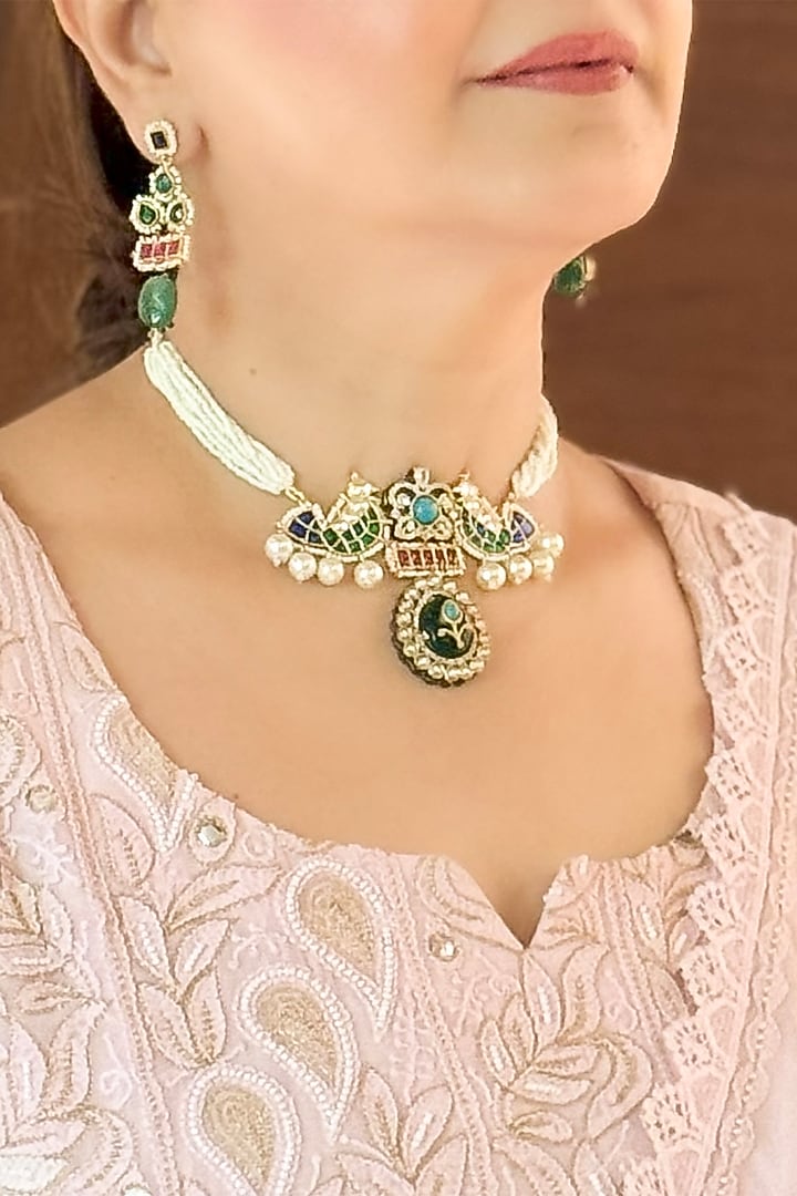Gold Finish Green Kundan Polki Handmade Choker Necklace Set by KRAFTSMITHS at Pernia's Pop Up Shop