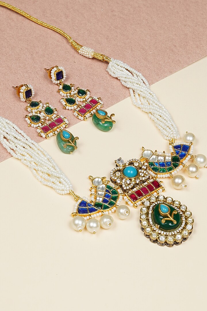 Gold Finish Green Kundan Polki Handmade Choker Necklace Set by KRAFTSMITHS at Pernia's Pop Up Shop