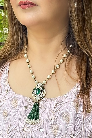 Gold Finish Green Kundan Polki & Pearl Tassel Necklace by KRAFTSMITHS
