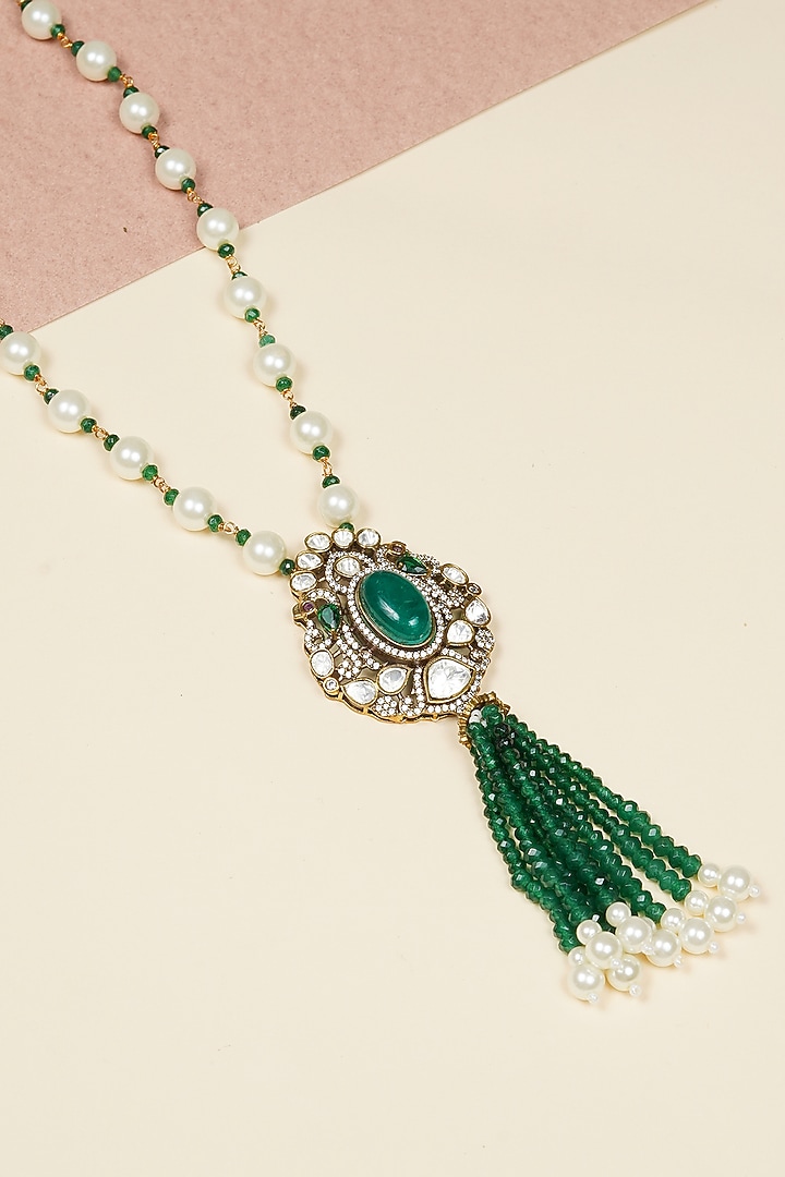 Gold Finish Green Kundan Polki & Pearl Tassel Necklace by KRAFTSMITHS at Pernia's Pop Up Shop
