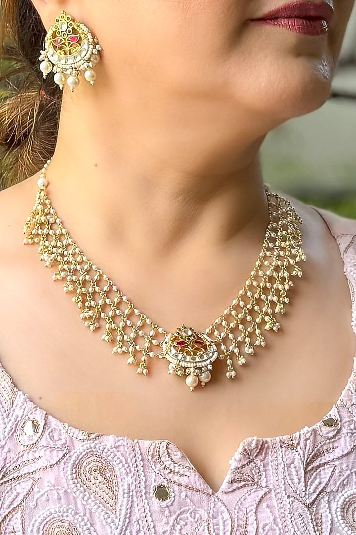 Gold Finish Kundan Polki Handmade Necklace Set by KRAFTSMITHS at Pernia's Pop Up Shop