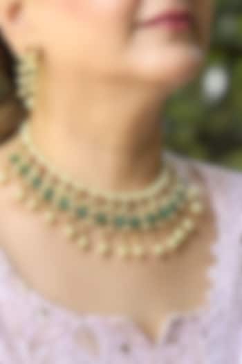 Gold Finish Green Kundan Polki Choker Necklace Set by KRAFTSMITHS at Pernia's Pop Up Shop