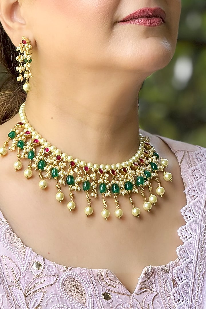 Gold Finish Green Kundan Polki Choker Necklace Set by KRAFTSMITHS at Pernia's Pop Up Shop