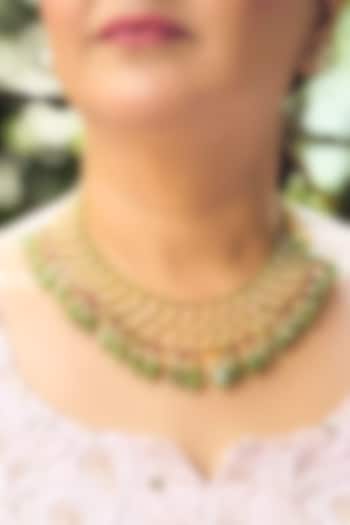 Gold Finish Pearl & Green Drop Necklace Set by KRAFTSMITHS at Pernia's Pop Up Shop