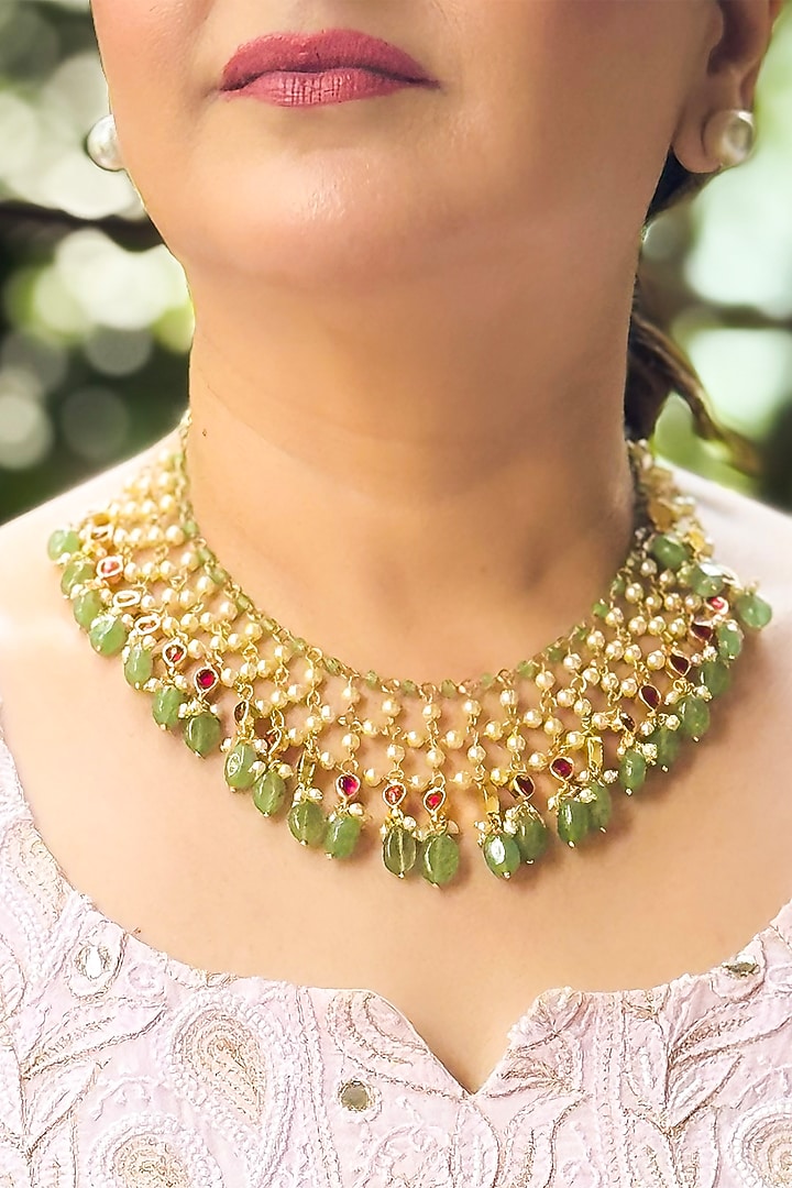 Gold Finish Pearl & Green Drop Necklace Set by KRAFTSMITHS at Pernia's Pop Up Shop