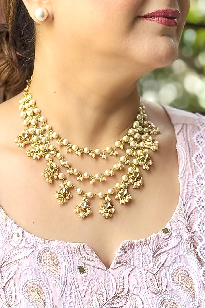 Gold Finish Kundan Polki Layered Necklace by KRAFTSMITHS at Pernia's Pop Up Shop