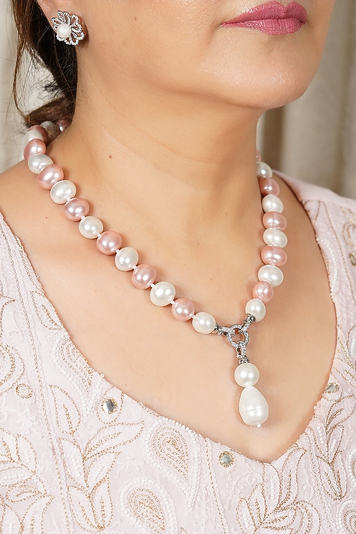 Silver Finish White & Pink Pearl Necklace by KRAFTSMITHS at Pernia's Pop Up Shop