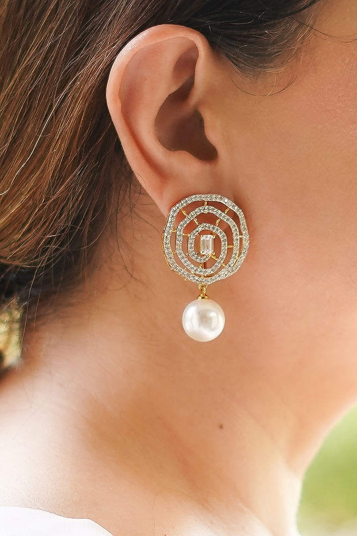 Gold Finish Zircon & Pearl Dangler Earrings by KRAFTSMITHS at Pernia's Pop Up Shop