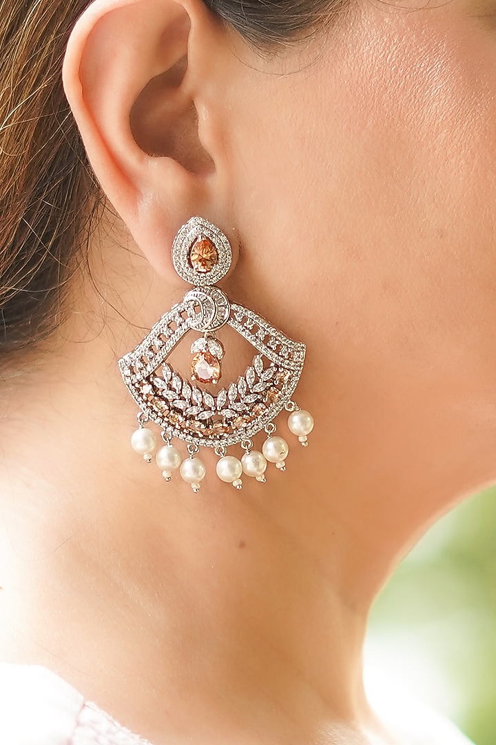 Silver Finish Zircon & Pearl Chandbali Earrings by KRAFTSMITHS at Pernia's Pop Up Shop
