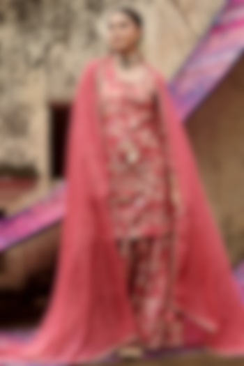 Brick Red Muslin Floral Printed Gharara Set by Karaj Jaipur at Pernia's Pop Up Shop