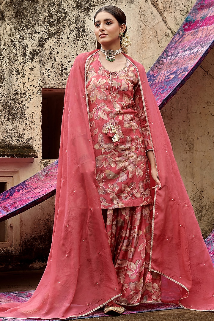 Brick Red Muslin Floral Printed Gharara Set by Karaj Jaipur