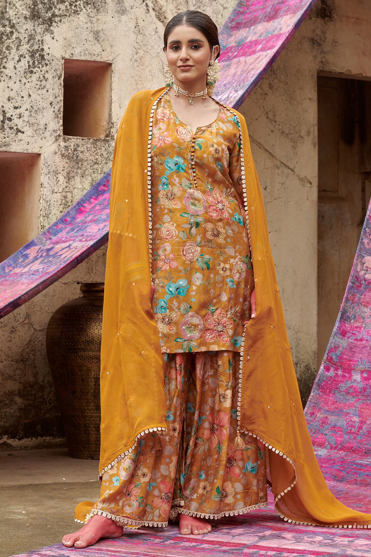 Mustard Muslin Printed Gharara Set by Karaj Jaipur