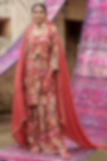 Red Muslin Printed Gharara Set by Karaj Jaipur at Pernia's Pop Up Shop