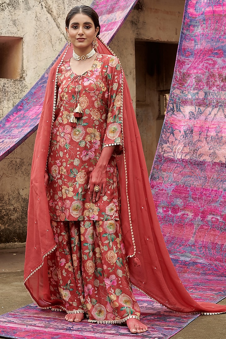 Red Muslin Printed Gharara Set by Karaj Jaipur