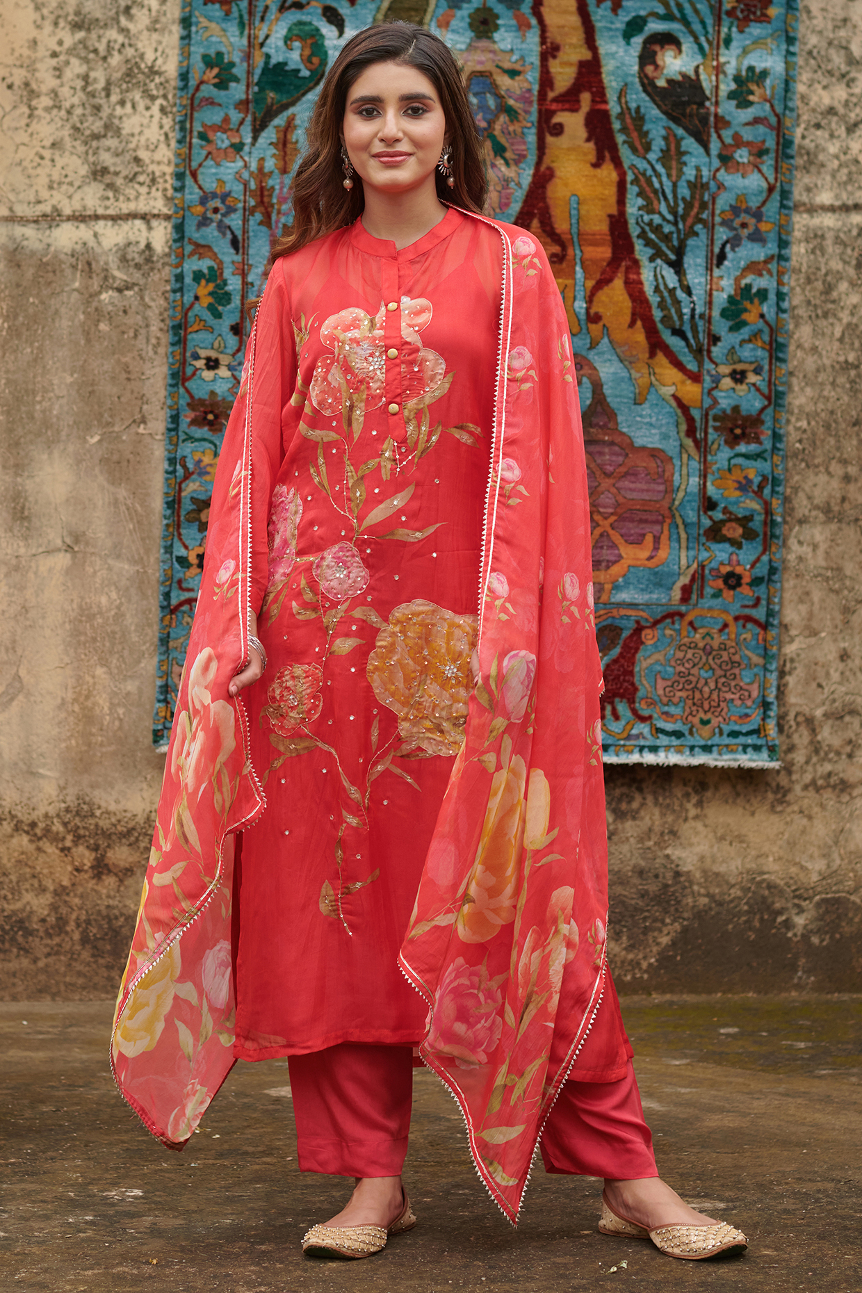 Red Organza Sequins Embroidered Kurta Set by Karaj Jaipur at Pernia's Pop Up Shop