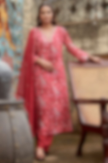 Maroon Chinon Mirror Embroidered & Paisley Printed Kurta Set by Karaj Jaipur at Pernia's Pop Up Shop