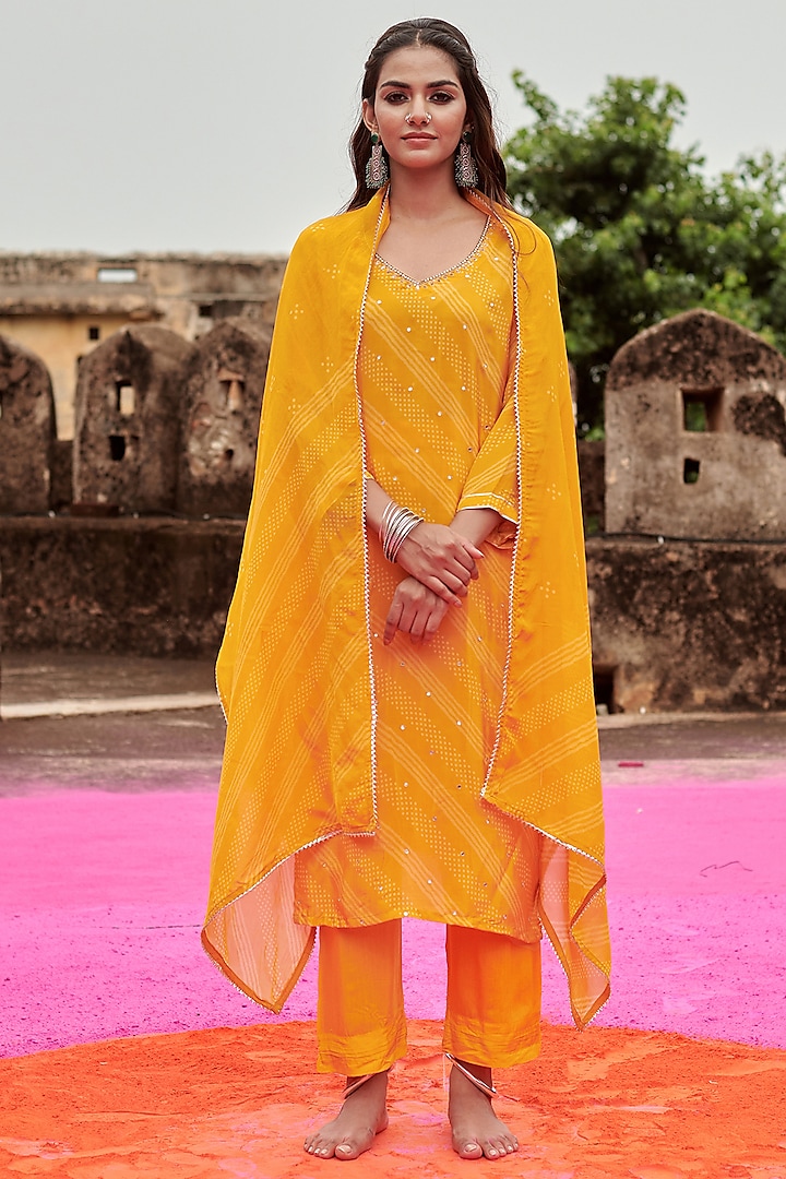 Yellow Crepe Mirror & Bead Embroidered Kurta Set by Karaj Jaipur at Pernia's Pop Up Shop