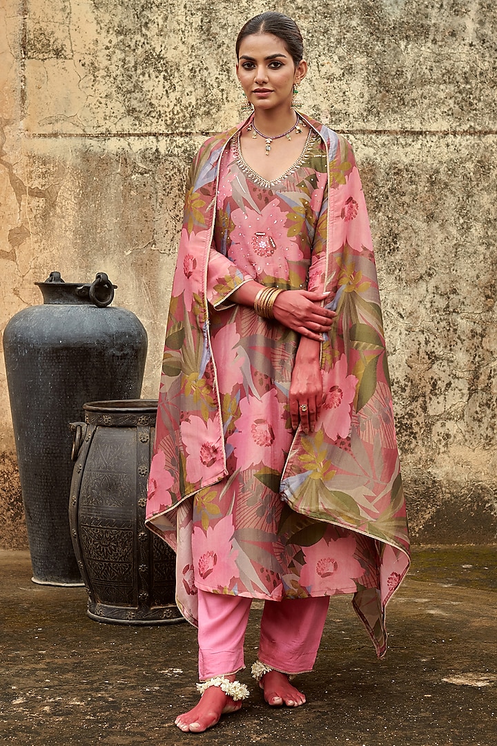 Multi-Colored Organza Patti & Bead Embroidered Kurta Set by Karaj Jaipur at Pernia's Pop Up Shop