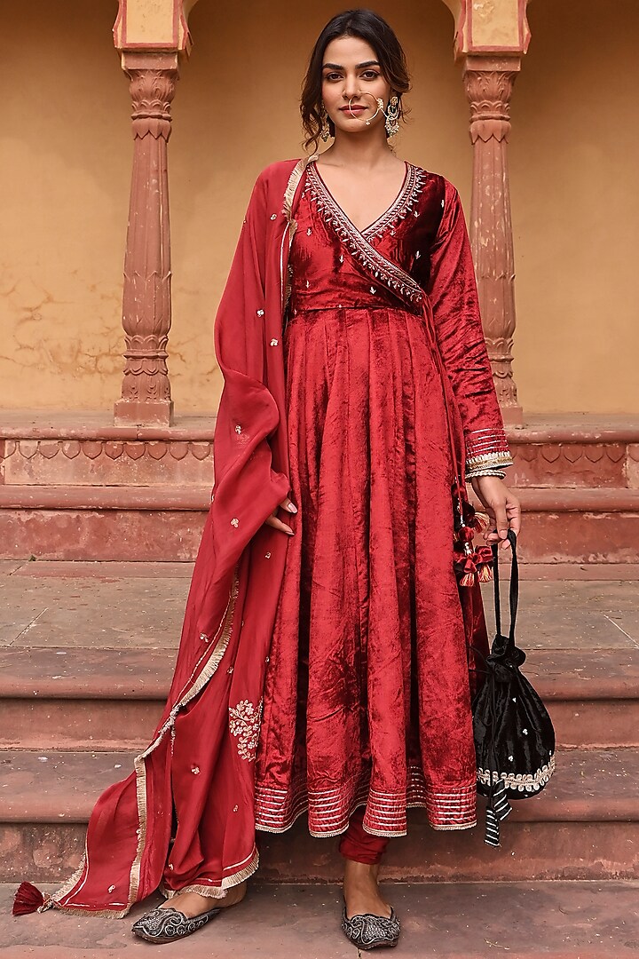 Red Velvet Hand Embroidered Angrakha Anarkali Set by Karaj Jaipur at Pernia's Pop Up Shop