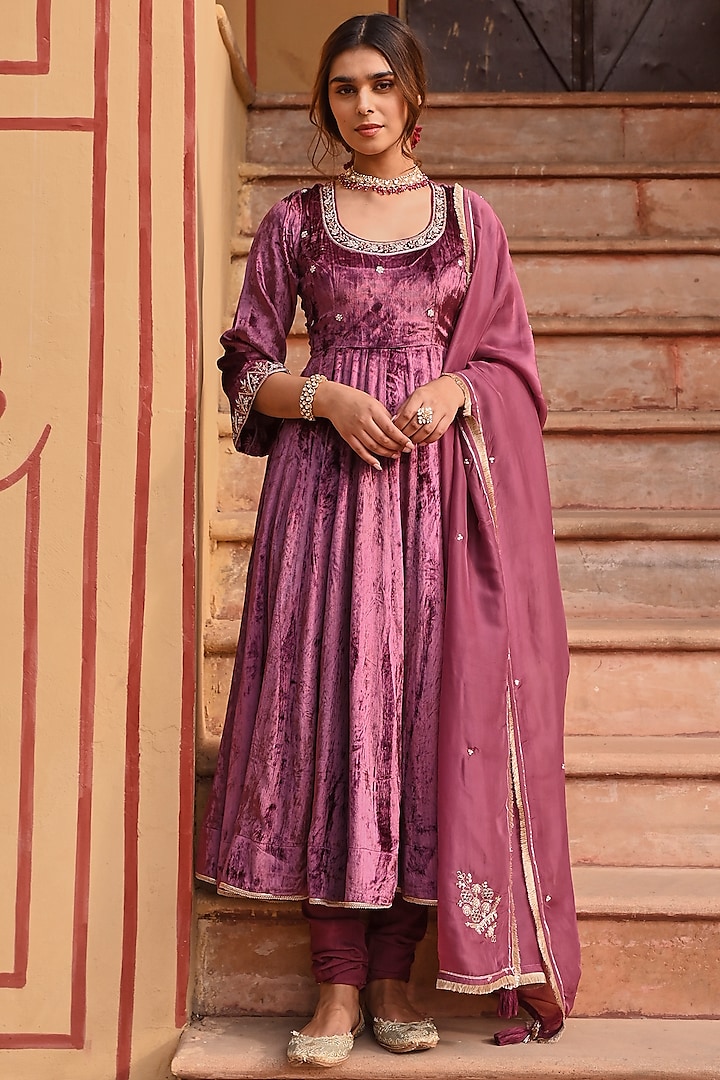 Wine Velvet Hand Embroidered Anarkali Set by Karaj Jaipur at Pernia's Pop Up Shop