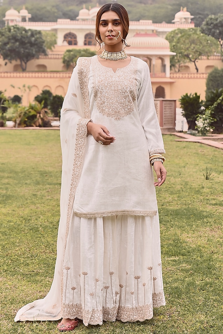 White Velvet Embroidered Sharara Set by Karaj Jaipur at Pernia's Pop Up Shop