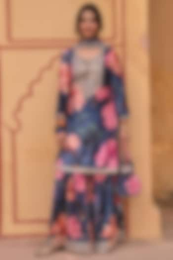 Blue Velvet Floral Printed & Embroidered Sharara Set by Karaj Jaipur at Pernia's Pop Up Shop