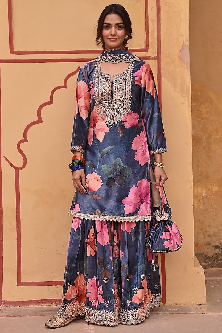 Blue Velvet Floral Printed & Embroidered Sharara Set by Karaj Jaipur at Pernia's Pop Up Shop