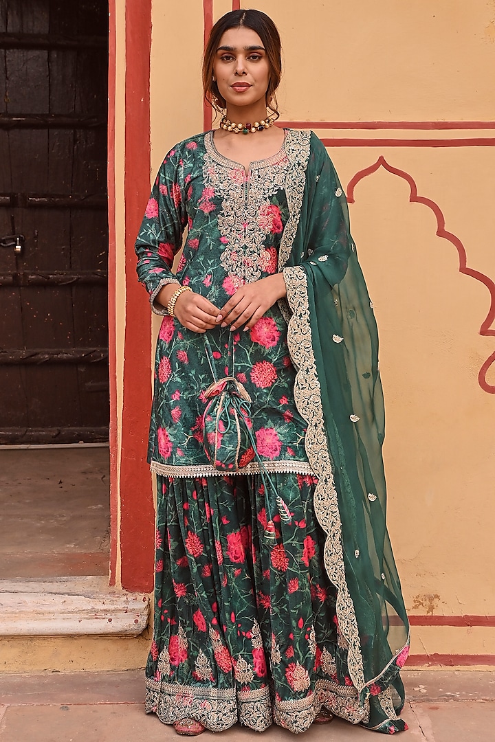 Green Velvet Floral Printed & Embroidered Sharara Set by Karaj Jaipur