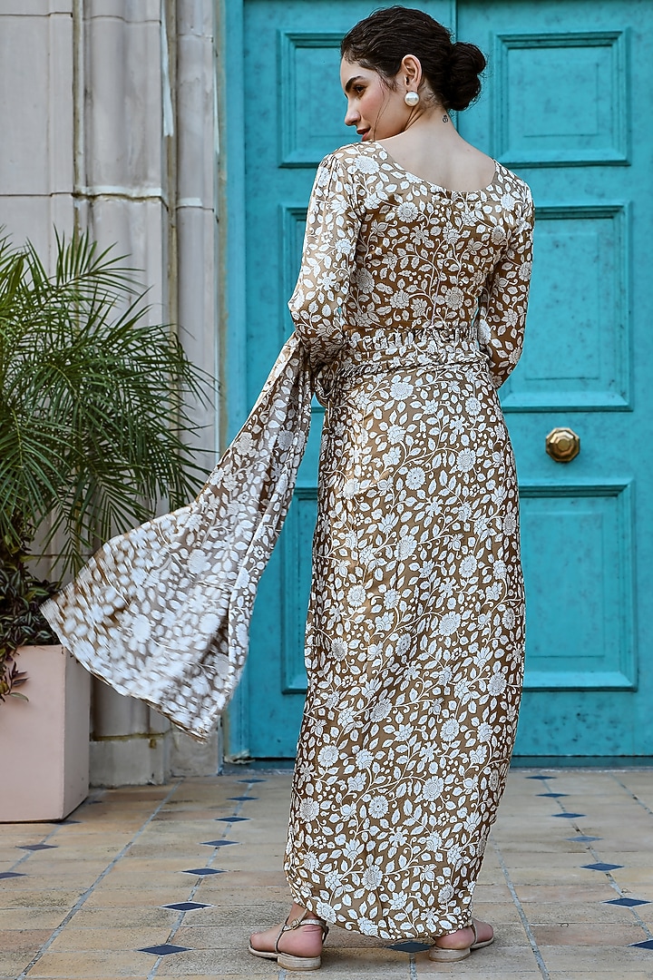 Brown Silk Pre-Draped Festive Saree Set by Karaj Jaipur at Pernia's Pop Up Shop