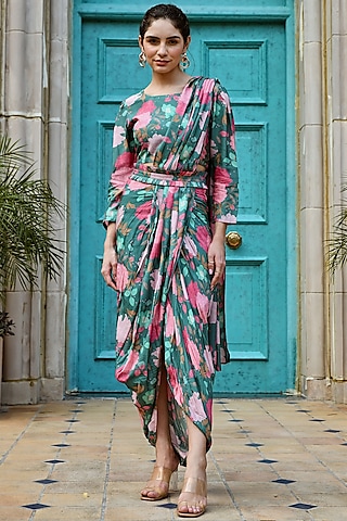 Teal Green Muslin Pre-Draped Saree Set by Karaj Jaipur