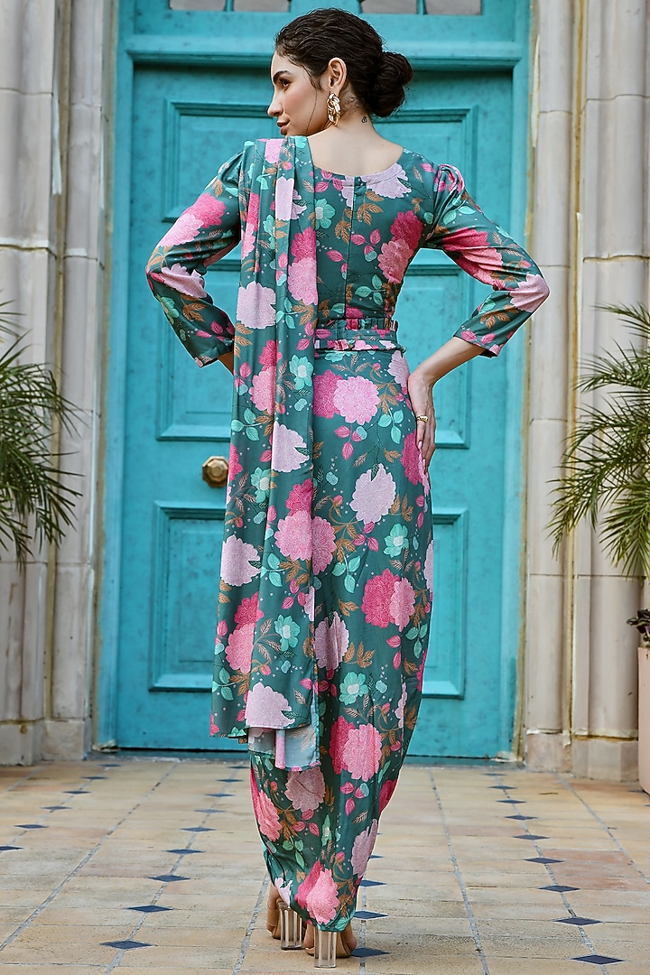 Teal Green Muslin Pre-Draped Festive Saree Set by Karaj Jaipur at Pernia's Pop Up Shop