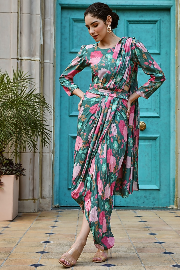 Teal Green Muslin Pre-Draped Festive Saree Set by Karaj Jaipur at Pernia's Pop Up Shop