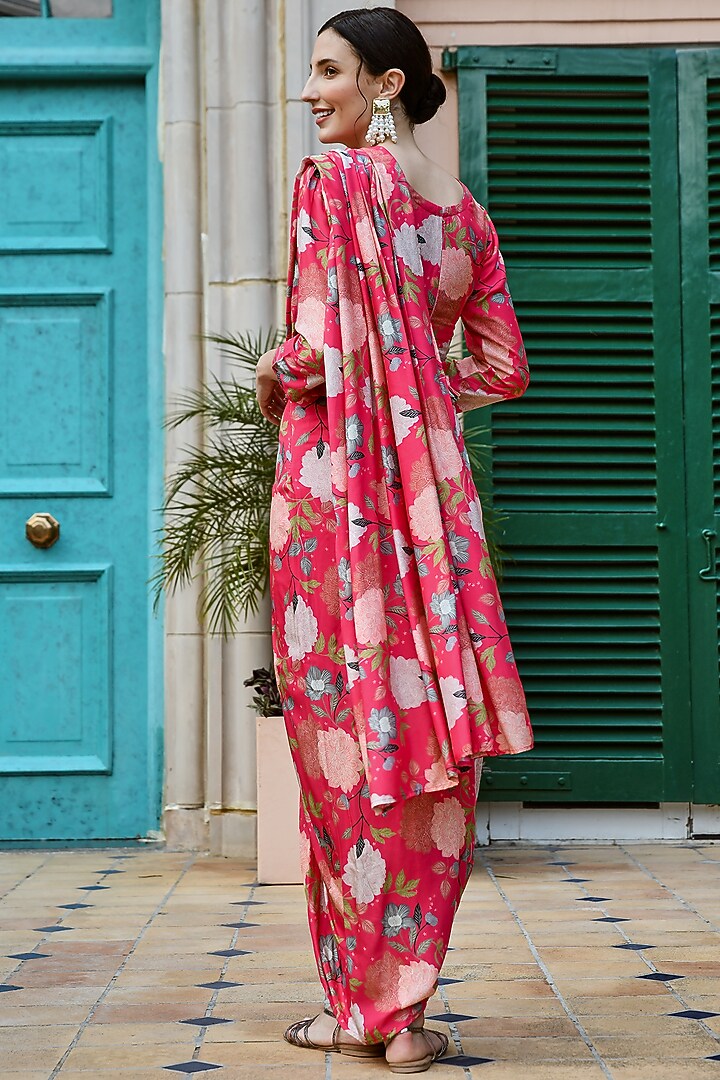 Pink Muslin Pre-Draped Festive Saree Set by Karaj Jaipur at Pernia's Pop Up Shop